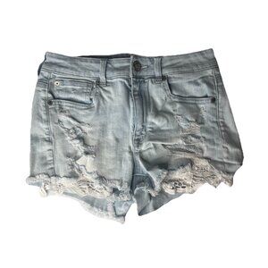 American Eagle Shortie Short Size 6 Light Wash High Rise Lace Pockets Distressed